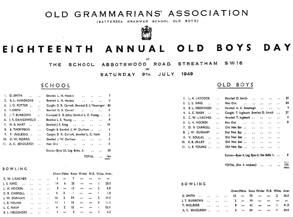 OGA Cricket Old Boy Day Scoresheet - 1949