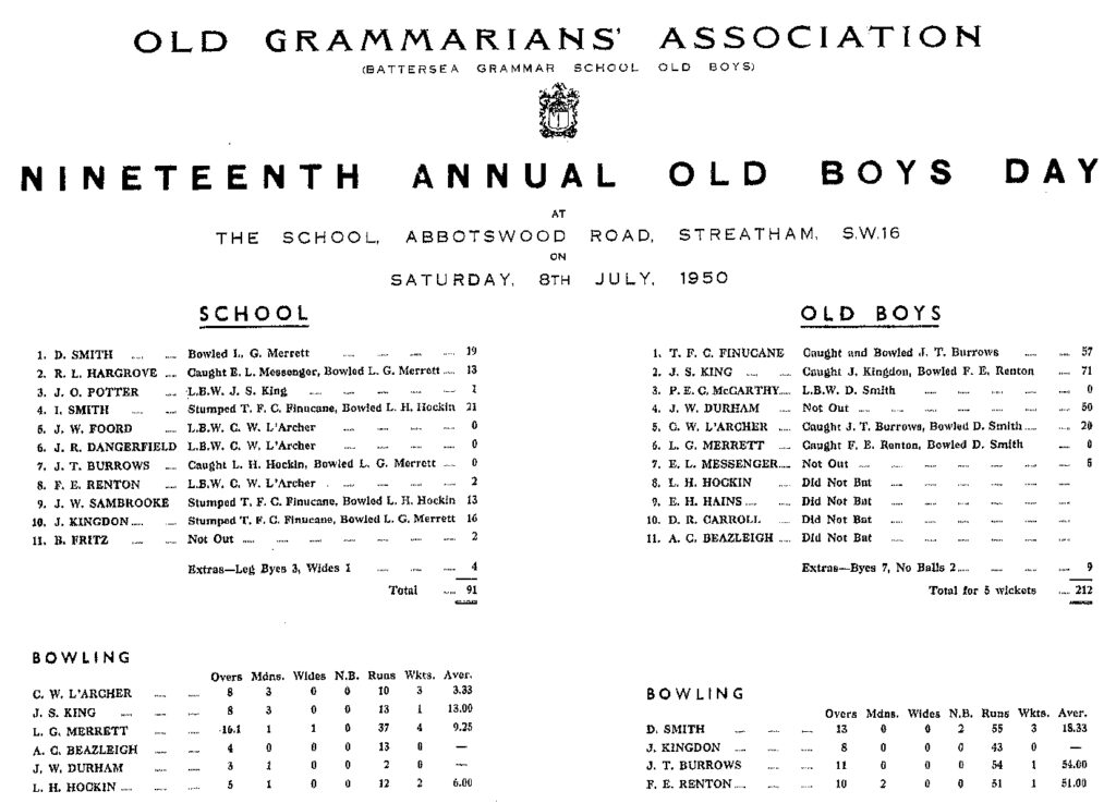 OGA Cricket Old Boy Day Scoresheet - 1950