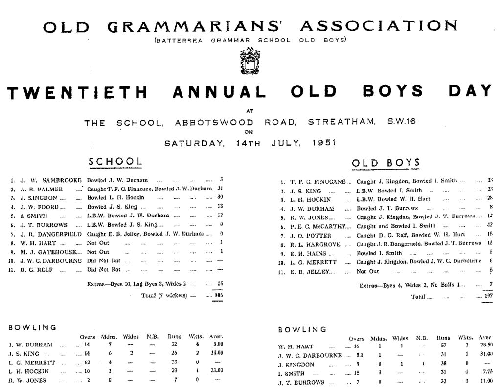 OGA Cricket Old Boy Day Scoresheet - 1951