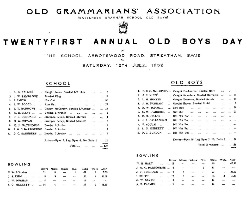 OGA Cricket Old Boy Day Scoresheet - 1952
