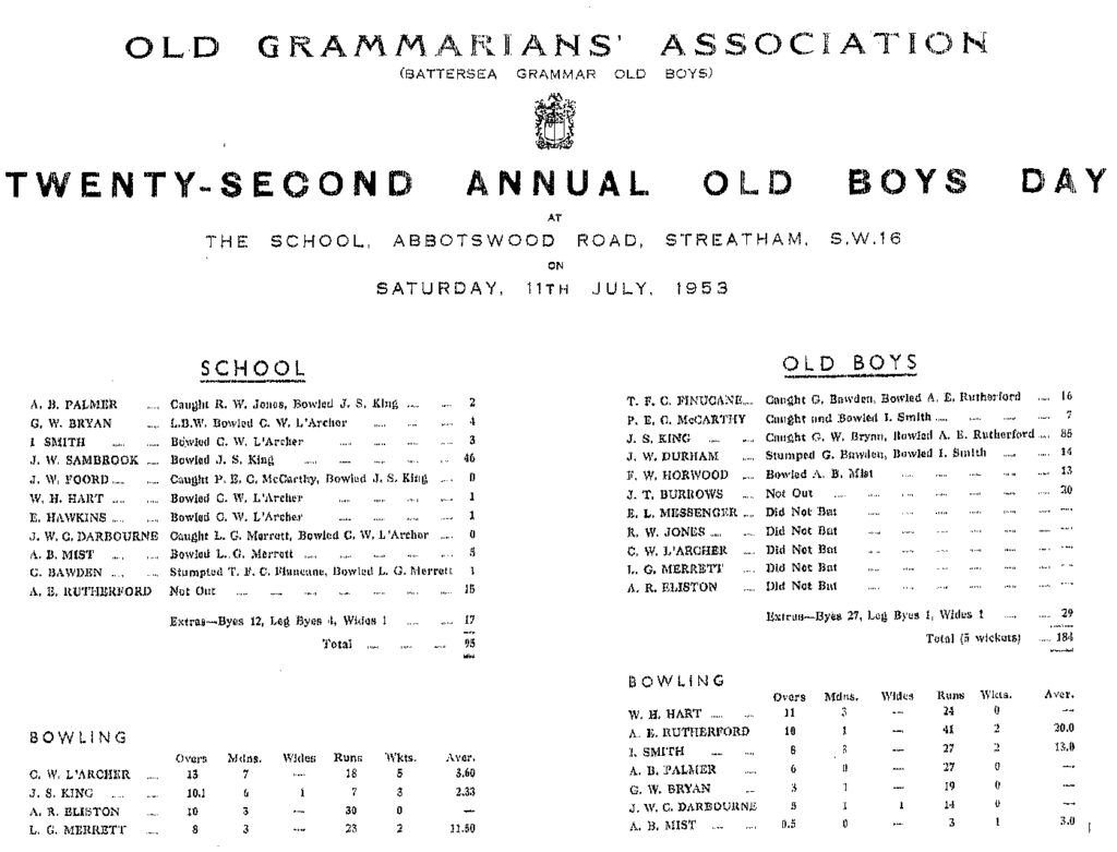 OGA Cricket Old Boy Day Scoresheet - 1953