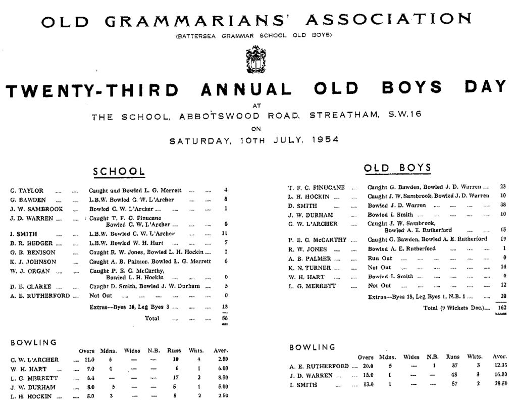 OGA Cricket Old Boy Day Scoresheet - 1954