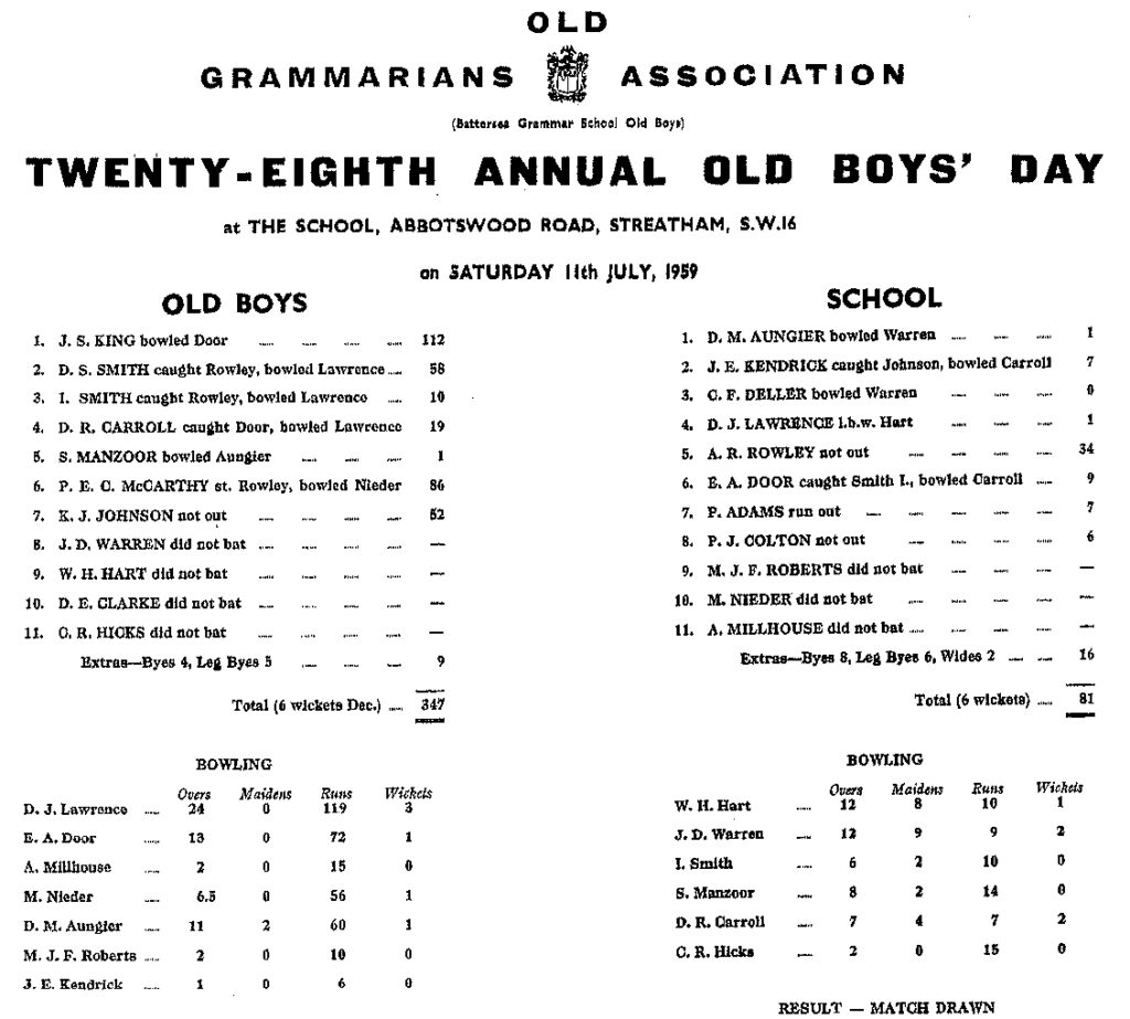 OGA Cricket Old Boy Day Scoresheet - 1959