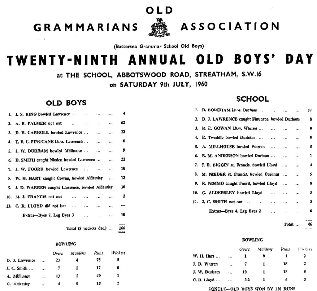 OGA Cricket Old Boy Day Scoresheet - 1960