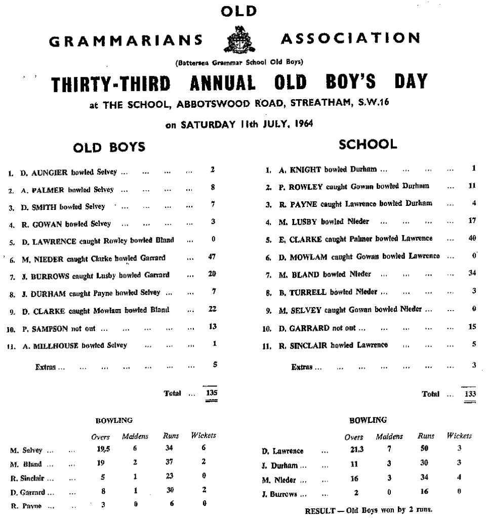 OGA Cricket Old Boy Day Scoresheet - 1964