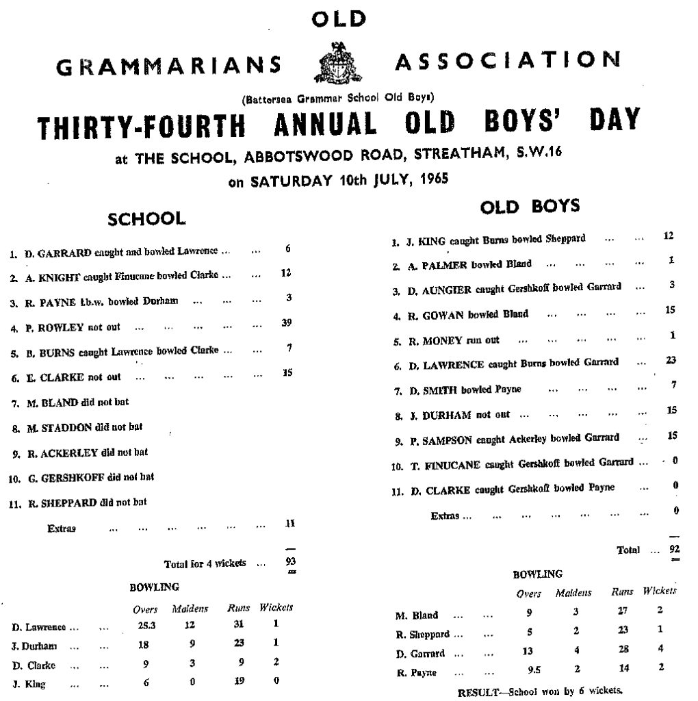 OGA Cricket Old Boy Day Scoresheet - 1968