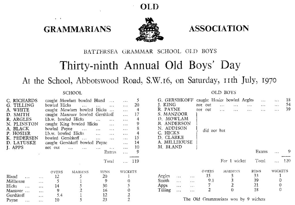 OGA Cricket Old Boy Day Scoresheet - 1970