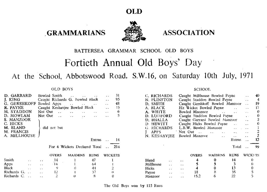 OGA Cricket Old Boy Day Scoresheet - 1971