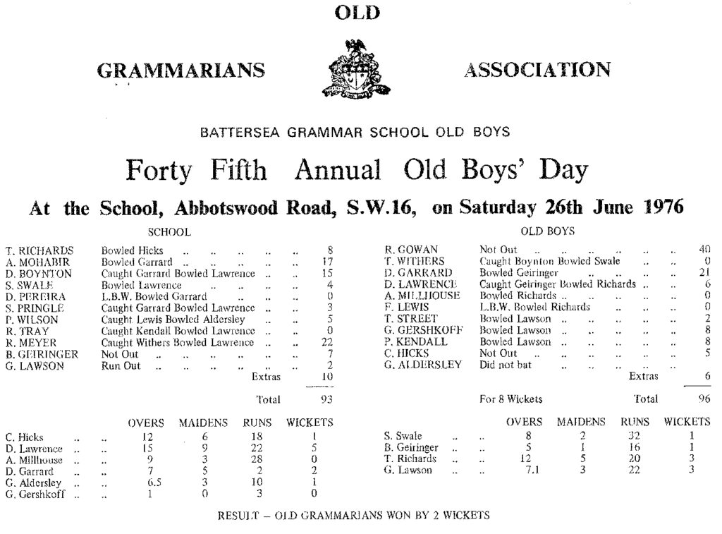 OGA Cricket Old Boy Day Scoresheet - 1976